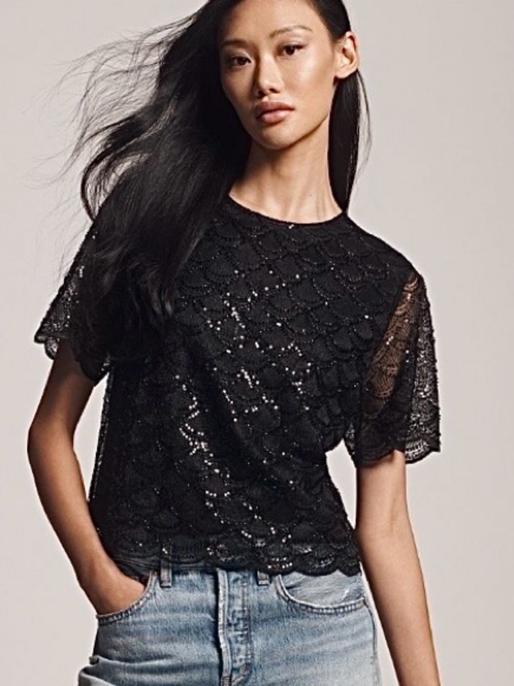 Anthropologie Blue Tassel Black Short-Sleeve Sequin Lace Top Large NWT